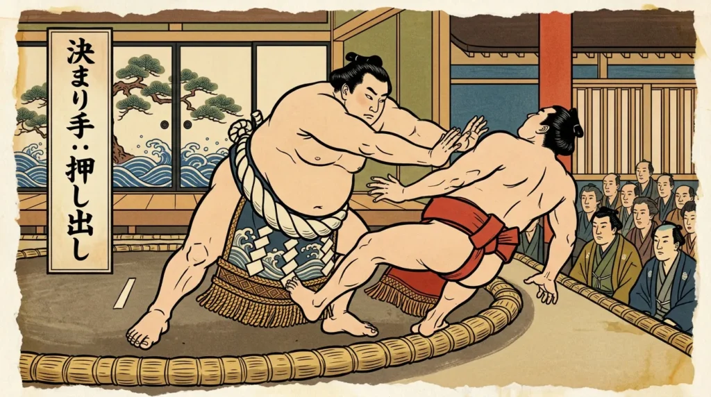 浮世絵風のイラストで描かれた大相撲の押し出しの場面。青い模様のまわしをつけた力士が、赤いまわしの相手の胸に両手を当てて土俵際へ押し出している。左上に「決まり手‥押し出し」の文字。土俵周囲には観客が取り囲んでいる。