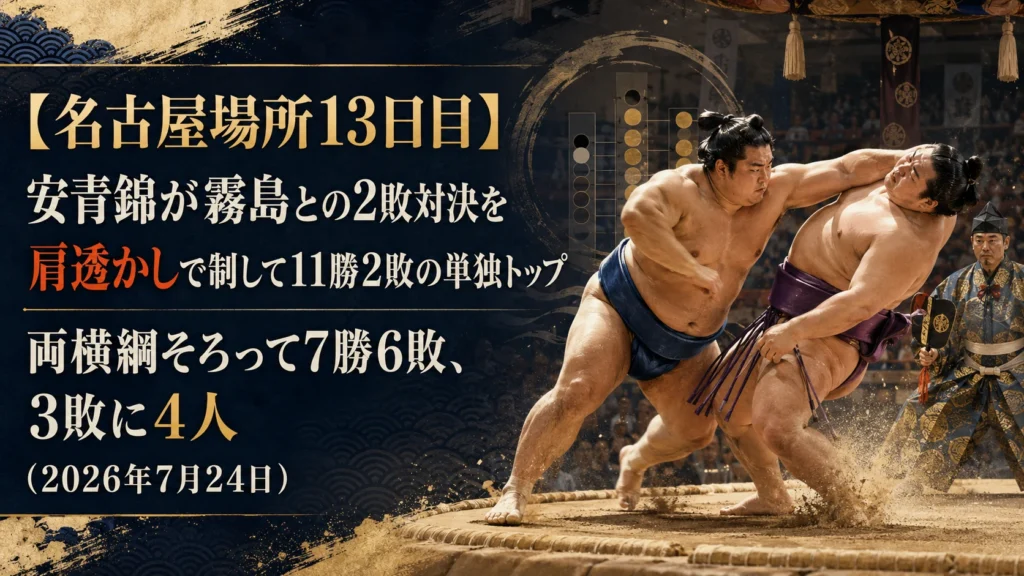 【名古屋場所13日目】安青錦が霧島との2敗対決を肩透かしで制して11勝2敗の単独トップ｜両横綱そろって7勝6敗、3敗に4人（2026年7月24日）