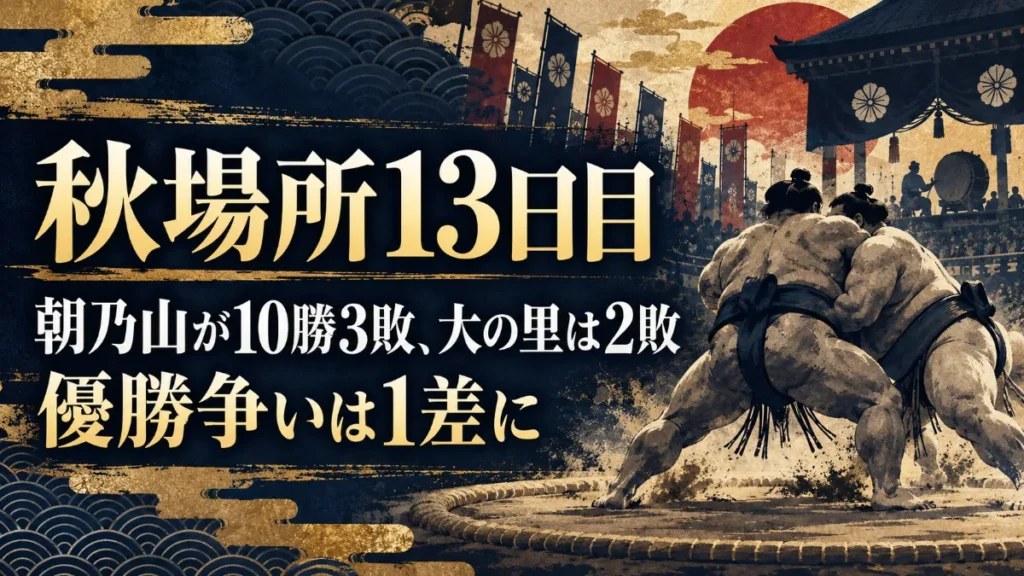 【秋場所13日目】朝乃山が熱海富士を寄り切り10勝3敗、横綱・大の里は霧島に敗れ2敗｜優勝争いは1差、14日目の優勝条件（2026年9月25日）